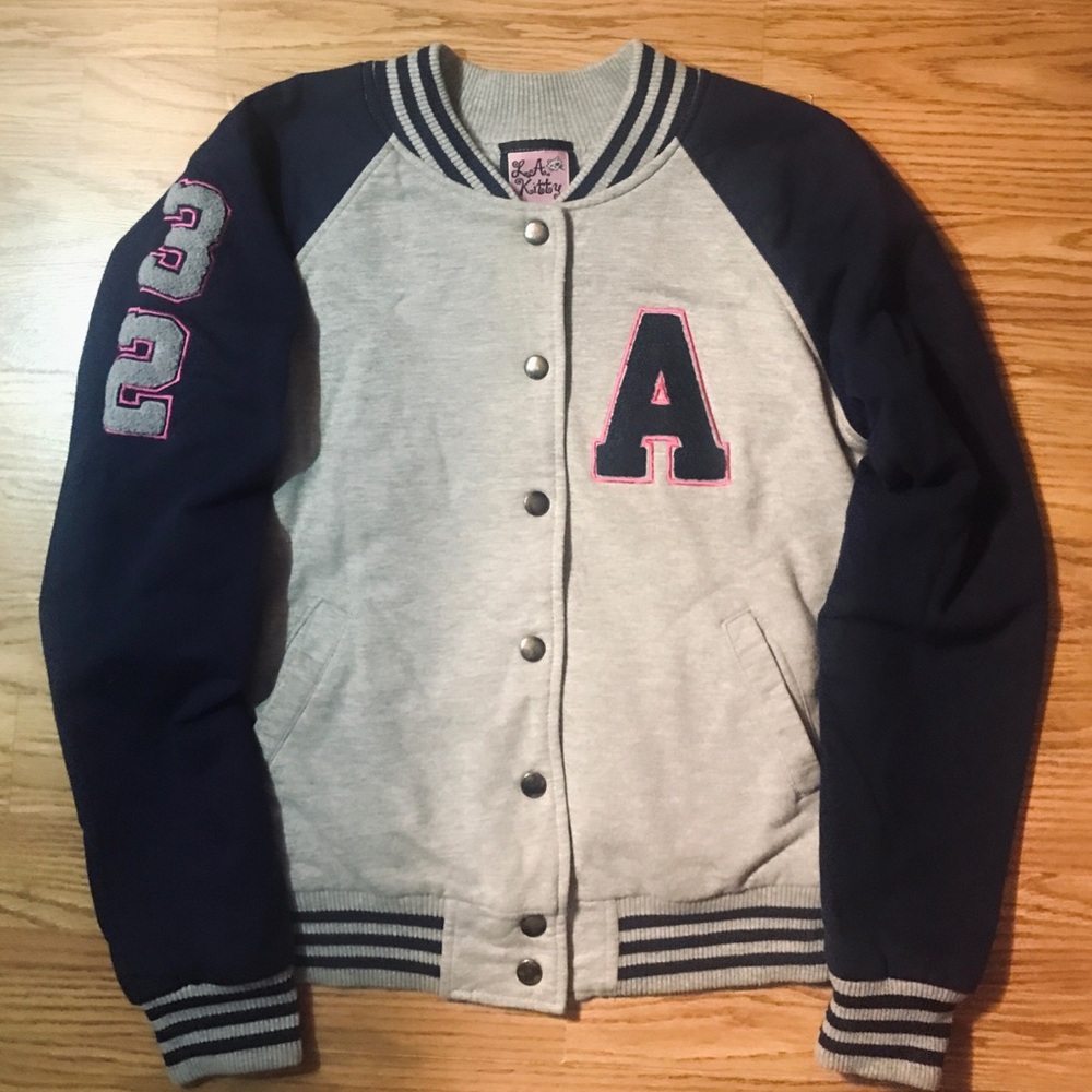 LA. Kitty Retro 2000s  Varsity Bomber Jacket Small Gray / Blue Snap Button Up